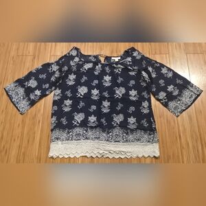 CB Established 1962 Navy Floral Lace-Hem Blouse